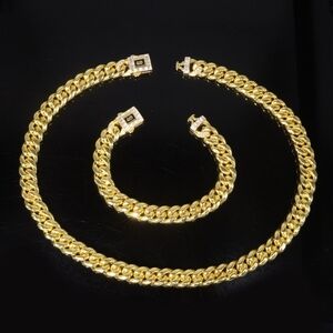 18k Layered real gold filled Miami Cuban set necklace bracelet icedout box lock